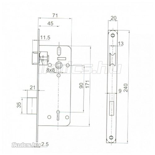 Anbo 410 45/90 bevésőzár kulcsos szögletes