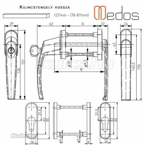 Victory erkélyajtó átmenő kilincs garnitúra Bronz kulcsos lapított