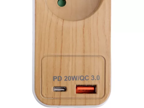 STHOR 72344 Fa hatású elosztó földeléssel, 5 aljzattal, USB-vel, 1,4 m kábellel (3x1 mm²)