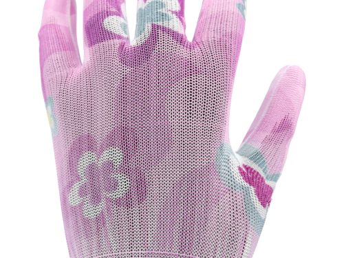 FLO 74125 Kertészkesztyű Rózsaszín Virágmintával 8-As, Pu Bevonattal.