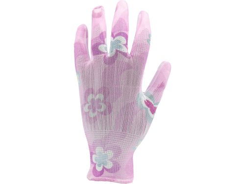 FLO 74130 Kertészkesztyű Rózsaszín Virágmintával 9-Es, Pu Bevonattal.