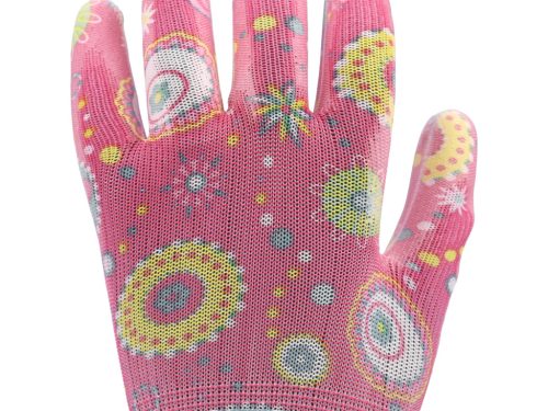 FLO 74132 Kertészkesztyű Rózsaszín Mintával 9-Es, Pu Bevonattal.