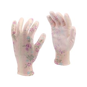   FLO 74136 Kertészkesztyű Rózsaszín Virágmintával 9-As, Pu Bevonattal.