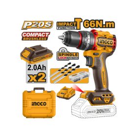   INGCO CIDLI20668E Akkus ütvefúró-csavarozó 66 Nm szénkefe nélküli 20 V (2 x 2,0 Ah akku + töltő)