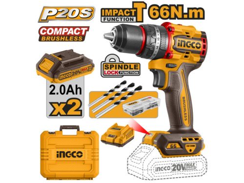 INGCO CIDLI20668E Akkus ütvefúró-csavarozó 66 Nm szénkefe nélküli 20 V (2 x 2,0 Ah akku + töltő)