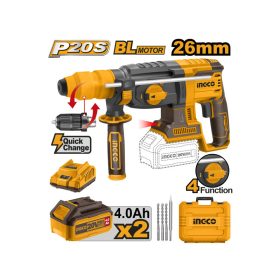   INGCO CRHLI202289 Akkus kombikalapács 2,5 J SDS-Plus szénkefe nélküli 20 V (2 x 4,0 Ah akku + töltő)