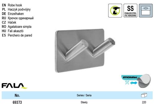 FALA 69373 Fali akasztó öntapadós dupla Steely