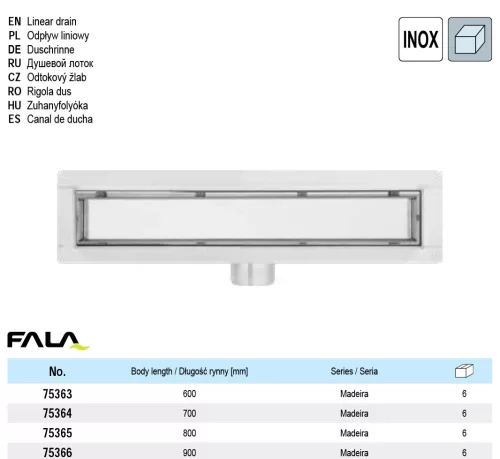 FALA 75363 Zuhanylefolyó 600 mm Madeira inox