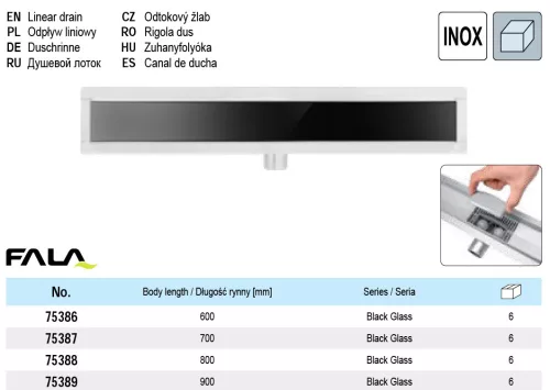 FALA 75386 Zuhanylefolyó 600 mm Black Glass inox