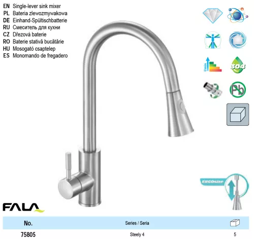 FALA 75805 Mosogató csaptelep + tartozékok inox Steely4