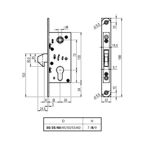 G1 30/72/8/S tolóajtó zár + zárólemez