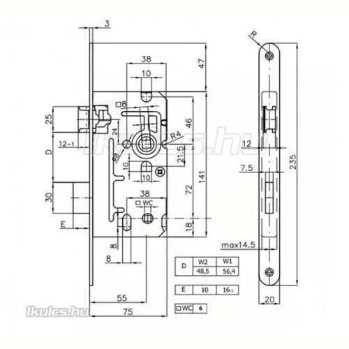 Elzett Serie 110 55/72 toalett bevésőzár jobbos