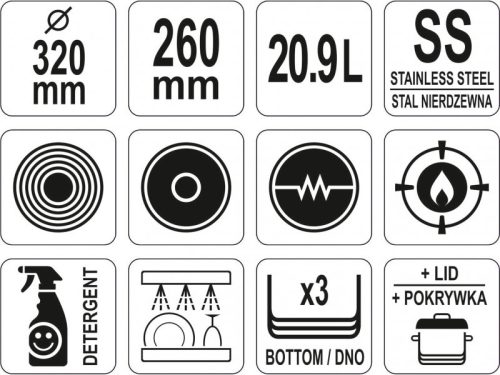 YATO YG-00005 GASTRO Fazék fedővel 20,9 liter 320 x 260 mm inox