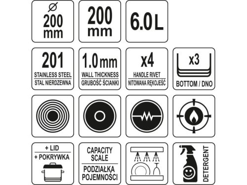 YATO YG-00011 GASTRO Fazék fedővel 6 liter 200 x 200 mm inox