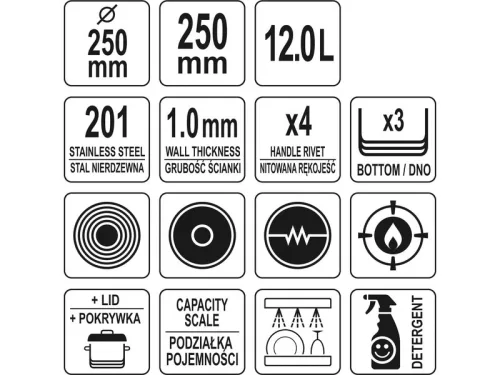 YATO YG-00012 GASTRO Fazék fedővel 12 liter 250 x 250 mm inox