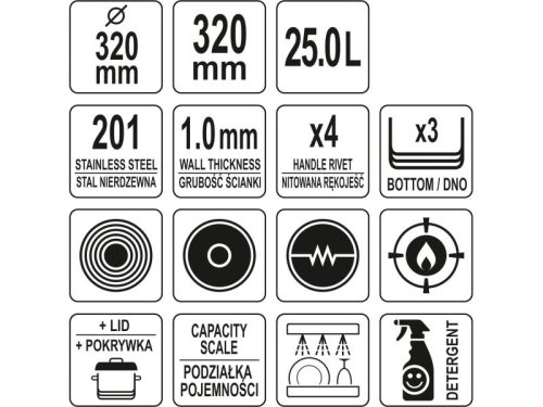 YATO YG-00015 GASTRO Fazék fedővel 25 liter 320 x 320 mm inox
