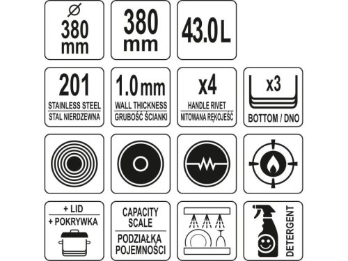 YATO YG-00017 GASTRO Fazék fedővel 43 liter 380 x 380 mm inox