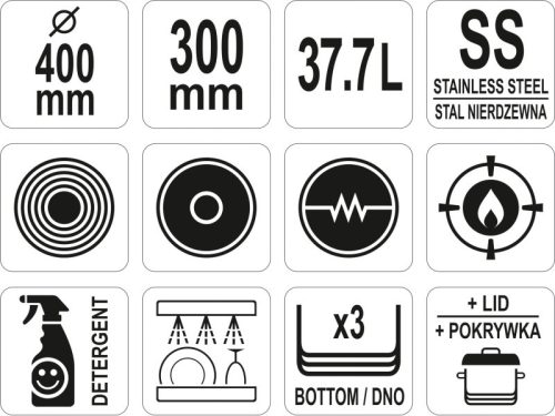 YATO YG-00027 GASTRO Lábas fedővel 37,7 liter 400 x 300 mm inox