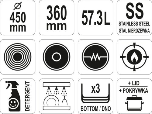 YATO YG-00028 GASTRO Lábas fedővel 57,3 liter 450 x 360 mm inox