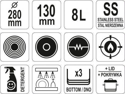 YATO YG-00042 GASTRO Lábas fedővel 8 liter 280 x 130 mm inox