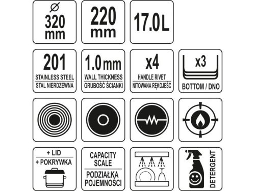 YATO YG-00048 GASTRO Fazék fedővel 17 liter 320 x 220 mm inox