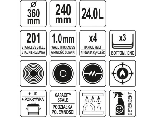 YATO YG-00049 GASTRO Fazék fedővel 24 liter 360 x 240 mm inox