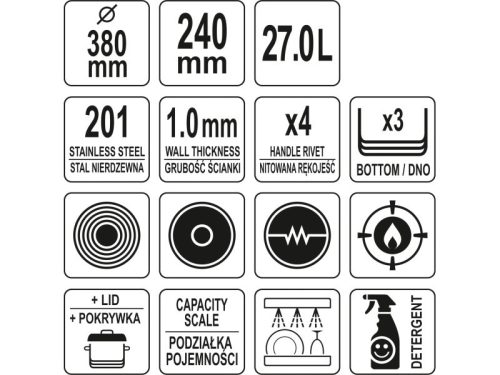 YATO YG-00050 GASTRO Fazék fedővel 27 liter 380 x 240 mm inox