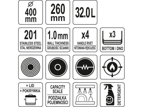 YATO YG-00051 GASTRO Fazék fedővel 32 liter 400 x 260 mm inox