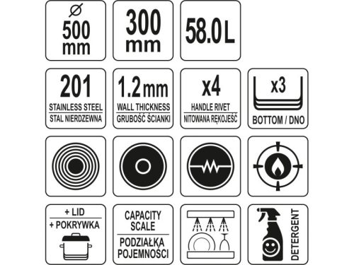 YATO YG-00052 GASTRO Fazék fedővel 58 liter 500 x 300 mm inox