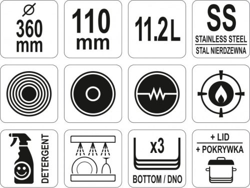 YATO YG-00055 GASTRO Lábas fedővel 11,2 liter 360 x 110 mm inox