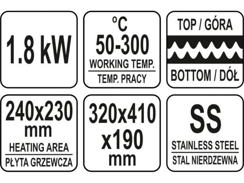 YATO YG-04555 GASTRO Kontaktgrill 320 mm 1800 W bordázott sűtőlap