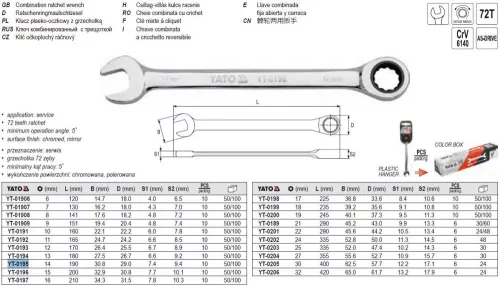 YATO YT-0195 Racsnis csillag-villáskulcs 14 mm / 190 mm 72T CrV