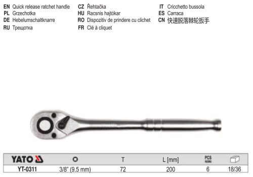 YATO YT-0311 Racsnis hajtószár 3/8" 200 mm 72T CrV