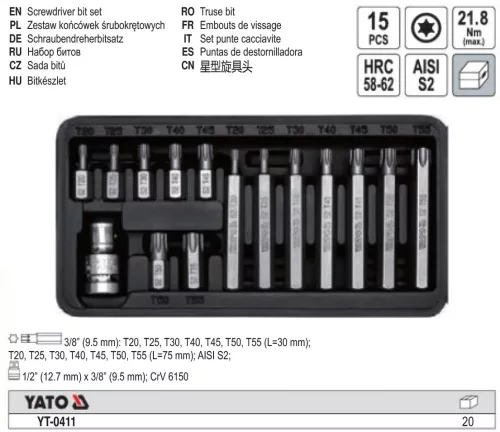 YATO YT-0411 Torx bit készlet 15 részes 1/2": T20-T55