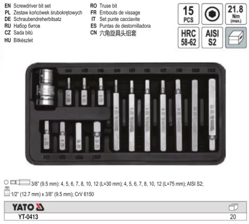 YATO YT-0413 Bit készlet 15 részes (imbusz) H4-H12 1/2"