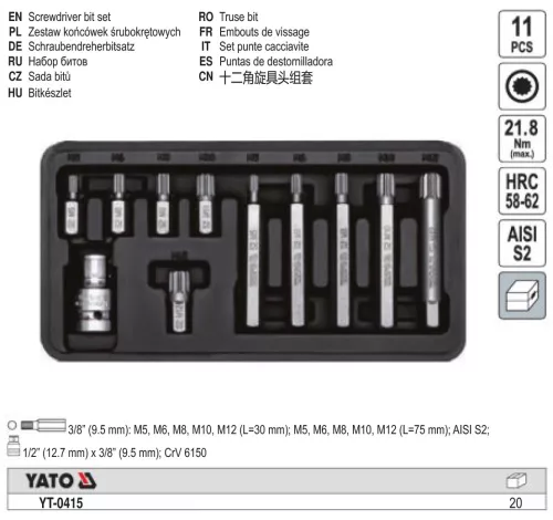 YATO YT-0415 Bit készlet 11 részes SPLINE M5-M12 L=30 mm,L=75 mm 1/2"