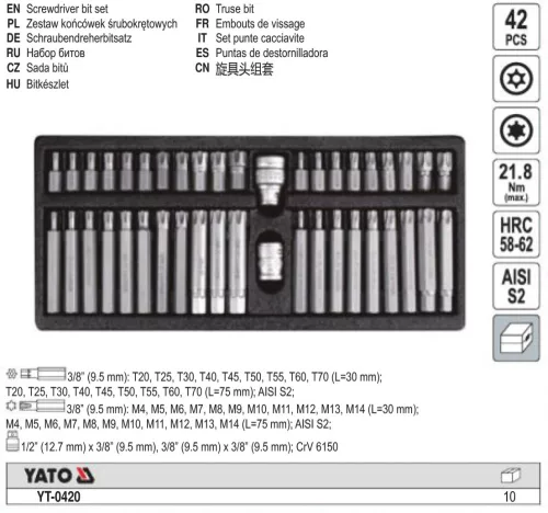 YATO YT-0420 Torx bit készlet 42 részes (1/2" T20-T70+RIBE)