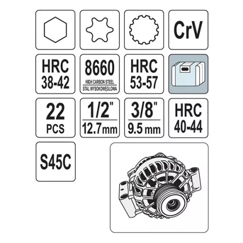 YATO YT-04211 Generátor javító készlet 22 részes 1/2" CrV