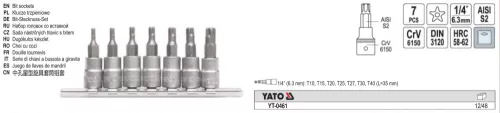 YATO YT-0461 Bit dugókulcs készlet 7 részes lyukas 5-ágú Torx 1/4" T10-T40 CrV