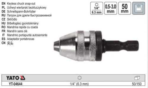YATO YT-04644 Fúrótokmány adapter 1/4" Hex -> 0,5-3,0 mm gyorstokmány