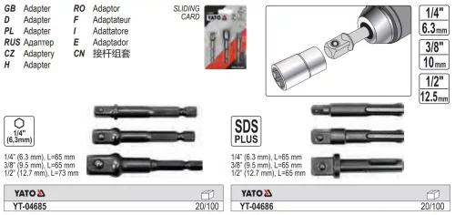 YATO YT-04686 Dugókulcs adapter készlet 3 részes SDS-Plus -> 1/4", 3/8", 1/2" négyszög