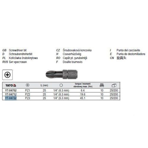 YATO YT-04722 Bithegy PZ3 1/4" 25 mm (10 db/cs)