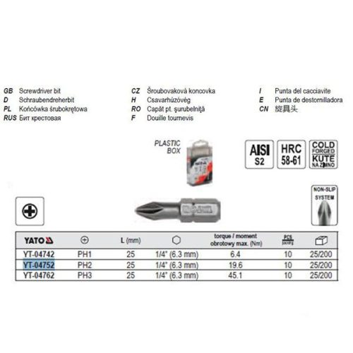 YATO YT-04752 Bithegy PH2 1/4" 25 mm (10 db/cs)