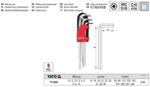 YATO YT-0501 Hosszú imbuszkulcs készlet 9 részes 1,5-10 mm CrV