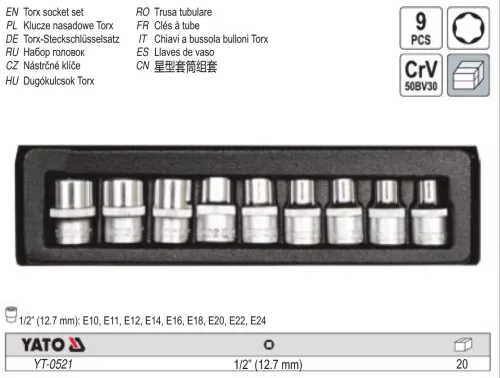 YATO YT-0521 Dugókulcs készlet 9 részes külső Torx 1/2" E10-E24 CrV