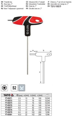 YATO YT-05581 Imbusz T-kulcs 10 mm / 22 x 200 mm S2