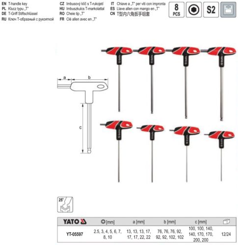 YATO YT-05597 Gömbfejű imbusz T-kulcs készlet 8 részes 2,5-10 mm S2