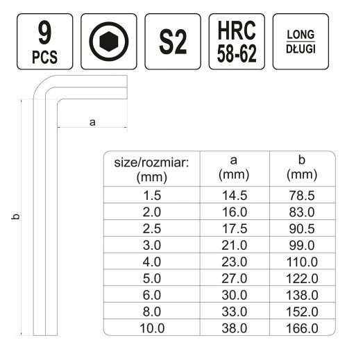 YATO YT-05631 Hosszított imbuszkulcs készlet 9 részes 1,5 - 10 mm S2