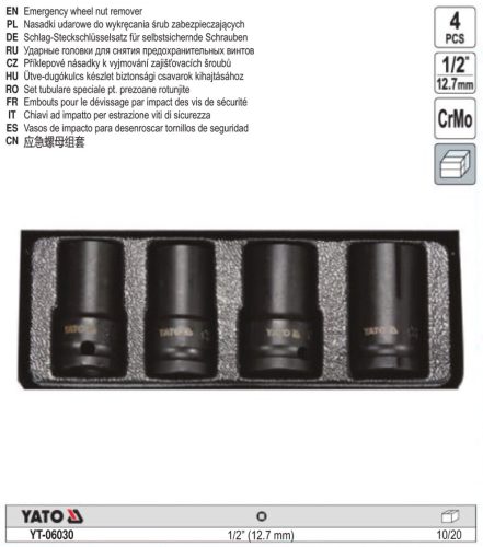 YATO YT-06030 Roncsolt csavar leszedő gépi dugókulcs készlet 4 részes 1/2 Col 17-26 mm CrMo
