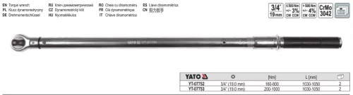 YATO YT-07753 Nyomatékkulcs 3/4" 200-1000 Nm / 1030-1050 mm CrMo